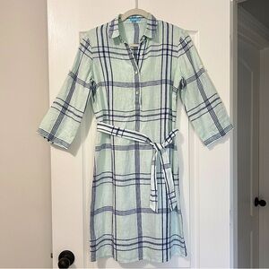 J. McLaughlin Miranda Blue and Mint Green Plaid Linen Midi Dress